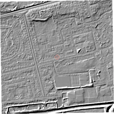 Shaded relief map of the ground around CH462QA, computed from Environment Agency LiDAR. The ground here sits at about 4 m above sea level and falls 7 m across the surrounding 800 m. Surface water reaching this point runs off ground lying to the north-north-west, 2.9 m higher.