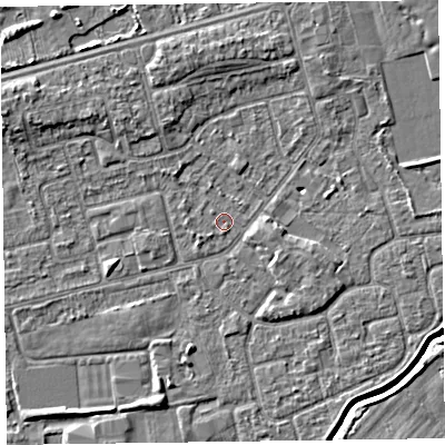 Shaded relief map of the ground around CH462QB, computed from Environment Agency LiDAR. The ground here sits at about 5 m above sea level and falls 5 m across the surrounding 800 m. Surface water reaching this point runs off ground lying to the west-south-west, 0.9 m higher.