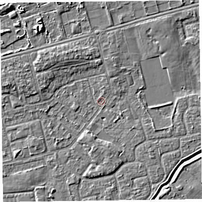 Shaded relief map of the ground around CH462QD, computed from Environment Agency LiDAR. The ground here sits at about 4 m above sea level and falls 9 m across the surrounding 800 m. Surface water reaching this point runs off ground lying to the north-west, 2.4 m higher.