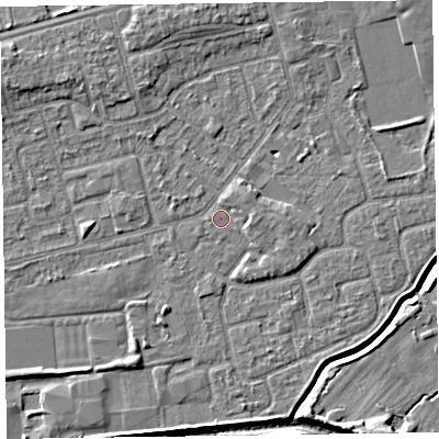 Shaded relief map of the ground around CH462QE, computed from Environment Agency LiDAR. The ground here sits at about 5 m above sea level and falls 7 m across the surrounding 800 m. Surface water reaching this point runs off ground lying to the north-east, 1.1 m higher.