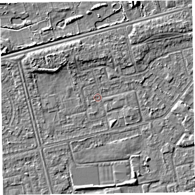 Shaded relief map of the ground around CH462QG, computed from Environment Agency LiDAR. The ground here sits at about 4 m above sea level and falls 7 m across the surrounding 800 m. Surface water reaching this point runs off ground lying to the north-west, 3.3 m higher.