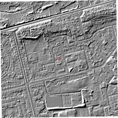 Shaded relief map of the ground around CH462QJ, computed from Environment Agency LiDAR. The ground here sits at about 5 m above sea level and falls 5 m across the surrounding 800 m. Surface water reaching this point runs off ground lying to the north-west, 3.3 m higher.