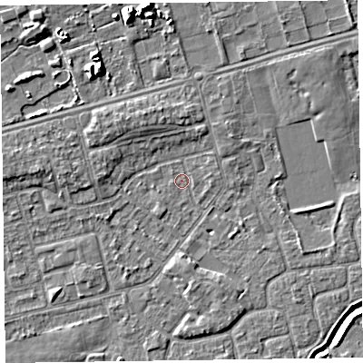 Shaded relief map of the ground around CH462QL, computed from Environment Agency LiDAR. The ground here sits at about 4 m above sea level and falls 9 m across the surrounding 800 m. Surface water reaching this point runs off ground lying to the north-north-west, 2.3 m higher.