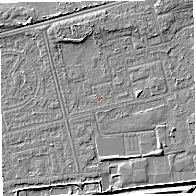 Shaded relief map of the ground around CH462QN, computed from Environment Agency LiDAR. The ground here sits at about 4 m above sea level and falls 7 m across the surrounding 800 m. Surface water reaching this point runs off ground lying to the north-north-west, 2.6 m higher.