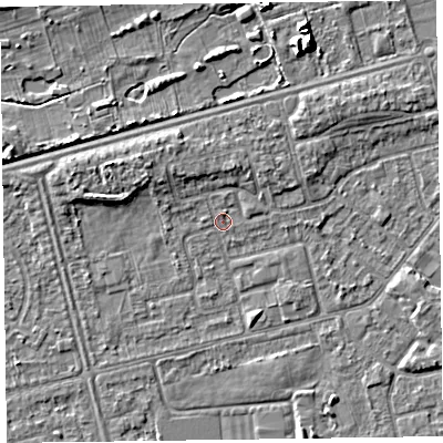 Shaded relief map of the ground around CH462QQ, computed from Environment Agency LiDAR. The ground here sits at about 5 m above sea level and falls 7 m across the surrounding 800 m. Surface water reaching this point runs off ground lying to the north-north-east, 2.2 m higher.