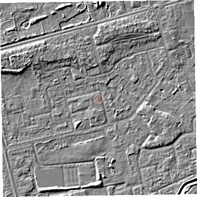 Shaded relief map of the ground around CH462QR, computed from Environment Agency LiDAR. The ground here sits at about 5 m above sea level and falls 8 m across the surrounding 800 m. Surface water reaching this point runs off ground lying to the east, 0.5 m higher.