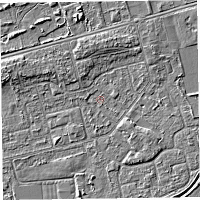 Shaded relief map of the ground around CH462QS, computed from Environment Agency LiDAR. The ground here sits at about 4 m above sea level and falls 8 m across the surrounding 800 m. Surface water reaching this point runs off ground lying to the north-north-west, 2.2 m higher.