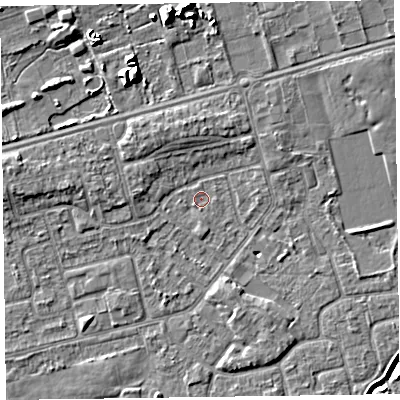 Shaded relief map of the ground around CH462QU, computed from Environment Agency LiDAR. The ground here sits at about 4 m above sea level and falls 9 m across the surrounding 800 m. Surface water reaching this point runs off ground lying to the south-west, 0.5 m higher.