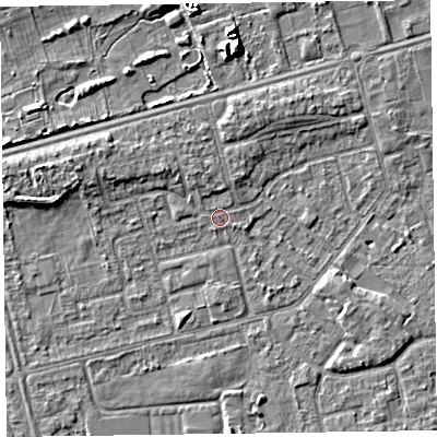 Shaded relief map of the ground around CH462QX, computed from Environment Agency LiDAR. The ground here sits at about 5 m above sea level and falls 7 m across the surrounding 800 m. The ground contributing surface water to this point lies to the south-south-west.