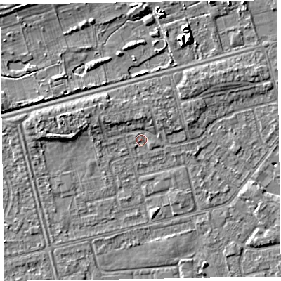 Shaded relief map of the ground around CH462QY, computed from Environment Agency LiDAR. The ground here sits at about 5 m above sea level and falls 7 m across the surrounding 800 m. Surface water reaching this point runs off ground lying to the north, 2.1 m higher.
