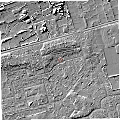 Shaded relief map of the ground around CH462QZ, computed from Environment Agency LiDAR. The ground here sits at about 5 m above sea level and falls 8 m across the surrounding 800 m. Surface water reaching this point runs off ground lying to the north-north-west, 2.2 m higher.