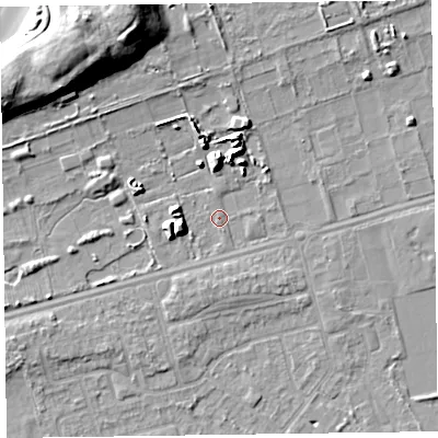 Shaded relief map of the ground around CH462RH, computed from Environment Agency LiDAR. The ground here sits at about 6 m above sea level and falls 15 m across the surrounding 800 m. Surface water reaching this point runs off ground lying to the north-west, 13.7 m higher.