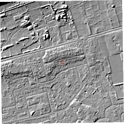 Shaded relief map of the ground around CH462RL, computed from Environment Agency LiDAR. The ground here sits at about 5 m above sea level and falls 11 m across the surrounding 800 m. Surface water reaching this point runs off ground lying to the north, 1.9 m higher.
