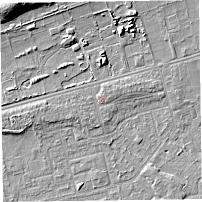 Shaded relief map of the ground around CH462RN, computed from Environment Agency LiDAR. The ground here sits at about 6 m above sea level and falls 14 m across the surrounding 800 m. Surface water reaching this point runs off ground lying to the west-south-west, 0.6 m higher.