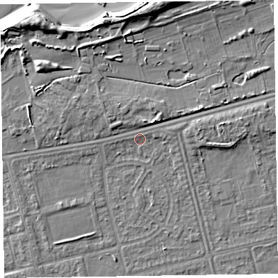Shaded relief map of the ground around CH462RQ, computed from Environment Agency LiDAR. The ground here sits at about 5 m above sea level and falls 11 m across the surrounding 800 m. Surface water reaching this point runs off ground lying to the east, 2.1 m higher.