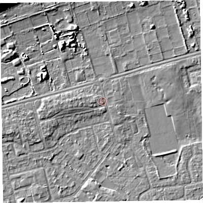 Shaded relief map of the ground around CH462RR, computed from Environment Agency LiDAR. The ground here sits at about 6 m above sea level and falls 13 m across the surrounding 800 m. Surface water reaching this point runs off ground lying to the west, 1.1 m higher.