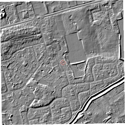 Shaded relief map of the ground around CH462RS, computed from Environment Agency LiDAR. The ground here sits at about 5 m above sea level and falls 9 m across the surrounding 800 m. Surface water reaching this point runs off ground lying to the south-east, 1.1 m higher.