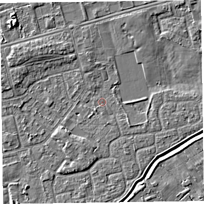 Shaded relief map of the ground around CH462RT, computed from Environment Agency LiDAR. The ground here sits at about 5 m above sea level and falls 9 m across the surrounding 800 m. Surface water reaching this point runs off ground lying to the south-east, 1.1 m higher.