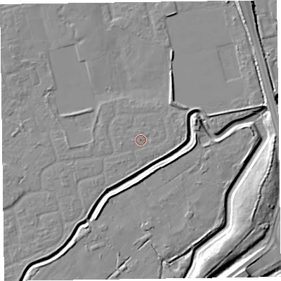 Shaded relief map of the ground around CH462RX, computed from Environment Agency LiDAR. The ground here sits at about 5 m above sea level and falls 9 m across the surrounding 800 m. Surface water reaching this point runs off ground lying to the east-south-east, 1.3 m higher.