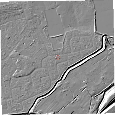 Shaded relief map of the ground around CH462RY, computed from Environment Agency LiDAR. The ground here sits at about 5 m above sea level and falls 8 m across the surrounding 800 m. The ground contributing surface water to this point lies to the north-north-east.