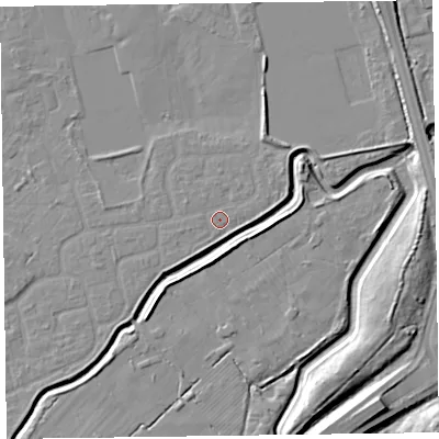 Shaded relief map of the ground around CH462RZ, computed from Environment Agency LiDAR. The ground here sits at about 5 m above sea level and falls 9 m across the surrounding 800 m. Surface water reaching this point runs off ground lying to the east, 1.3 m higher.