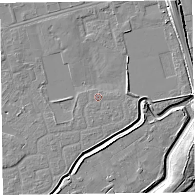 Shaded relief map of the ground around CH462SA, computed from Environment Agency LiDAR. The ground here sits at about 5 m above sea level and falls 9 m across the surrounding 800 m. Surface water reaching this point runs off ground lying to the north-east, 2.9 m higher.