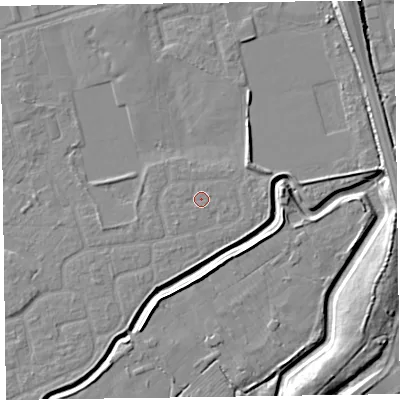 Shaded relief map of the ground around CH462SB, computed from Environment Agency LiDAR. The ground here sits at about 5 m above sea level and falls 8 m across the surrounding 800 m. Surface water reaching this point runs off ground lying to the south-east, 1.3 m higher.