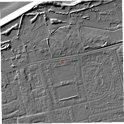 Shaded relief map of the ground around CH463RA, computed from Environment Agency LiDAR. The ground here sits at about 5 m above sea level and falls 11 m across the surrounding 800 m. Surface water reaching this point runs off ground lying to the east-north-east, 0.8 m higher.