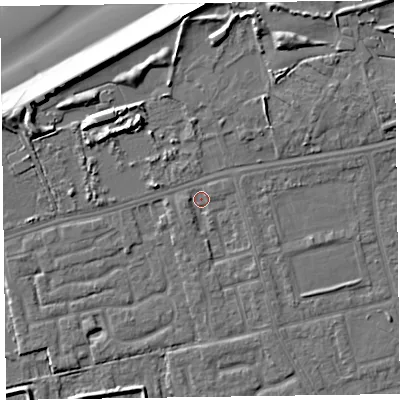 Shaded relief map of the ground around CH463RB, computed from Environment Agency LiDAR. The ground here sits at about 5 m above sea level and falls 10 m across the surrounding 800 m. Surface water reaching this point runs off ground lying to the south-south-west, 1.5 m higher.