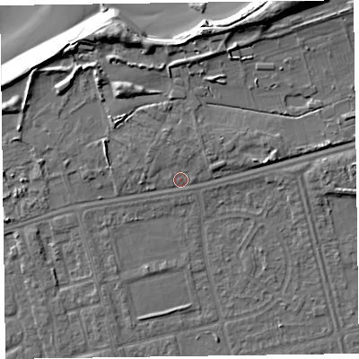 Shaded relief map of the ground around CH463RD, computed from Environment Agency LiDAR. The ground here sits at about 6 m above sea level and falls 15 m across the surrounding 800 m. Surface water reaching this point runs off ground lying to the east-north-east, 2.8 m higher.