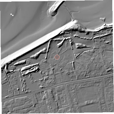 Shaded relief map of the ground around CH463RF, computed from Environment Agency LiDAR. The ground here sits at about 6 m above sea level and falls 12 m across the surrounding 800 m. Surface water reaching this point runs off ground lying to the north-east, 5.5 m higher.