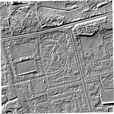 Shaded relief map of the ground around CH463RG, computed from Environment Agency LiDAR. The ground here sits at about 4 m above sea level and falls 6 m across the surrounding 800 m. Surface water reaching this point runs off ground lying to the north-north-east, 0.9 m higher.