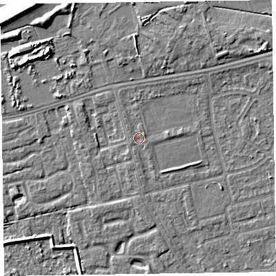 Shaded relief map of the ground around CH463RH, computed from Environment Agency LiDAR. The ground here sits at about 5 m above sea level and falls 7 m across the surrounding 800 m. Surface water reaching this point runs off ground lying to the east-north-east, 0.6 m higher.