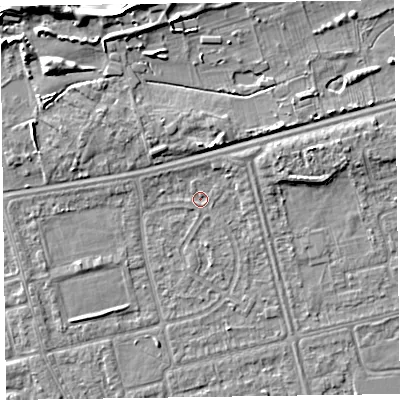 Shaded relief map of the ground around CH463RP, computed from Environment Agency LiDAR. The ground here sits at about 5 m above sea level and falls 7 m across the surrounding 800 m. Surface water reaching this point runs off ground lying to the north-east, 1.4 m higher.