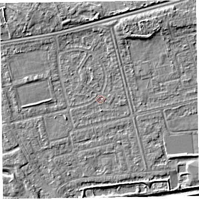 Shaded relief map of the ground around CH463RR, computed from Environment Agency LiDAR. The ground here sits at about 4 m above sea level and falls 6 m across the surrounding 800 m. Surface water reaching this point runs off ground lying to the north, 1.6 m higher.
