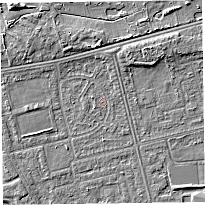 Shaded relief map of the ground around CH463RS, computed from Environment Agency LiDAR. The ground here sits at about 5 m above sea level and falls 6 m across the surrounding 800 m. Surface water reaching this point runs off ground lying to the north, 1.5 m higher.