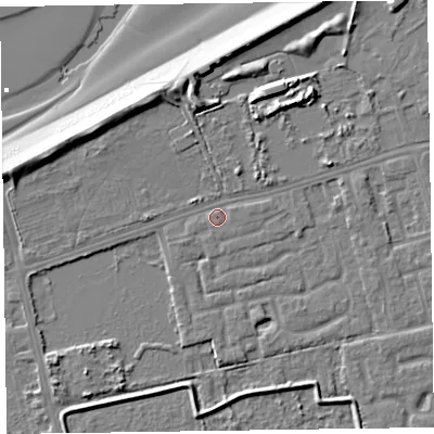 Shaded relief map of the ground around CH463RT, computed from Environment Agency LiDAR. The ground here sits at about 5 m above sea level and falls 11 m across the surrounding 800 m. Surface water reaching this point runs off ground lying to the north, 5.4 m higher.