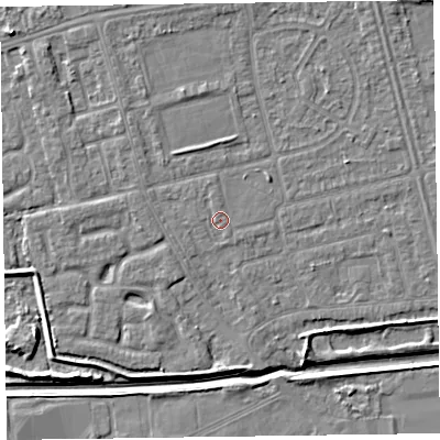 Shaded relief map of the ground around CH463RU, computed from Environment Agency LiDAR. The ground here sits at about 5 m above sea level and falls 5 m across the surrounding 800 m. Surface water reaching this point runs off ground lying to the west-north-west, 0.6 m higher.