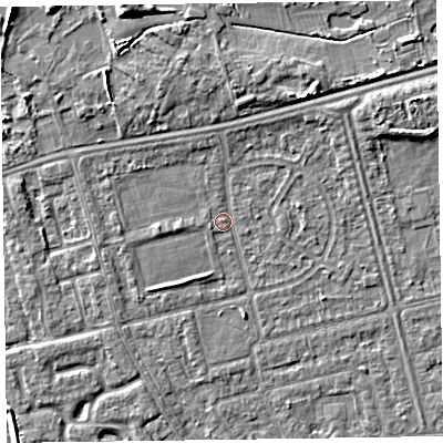 Shaded relief map of the ground around CH463RW, computed from Environment Agency LiDAR. The ground here sits at about 5 m above sea level and falls 6 m across the surrounding 800 m. Surface water reaching this point runs off ground lying to the north-east, 2.0 m higher.