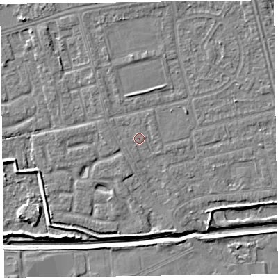 Shaded relief map of the ground around CH463RX, computed from Environment Agency LiDAR. The ground here sits at about 5 m above sea level and falls 5 m across the surrounding 800 m. The ground contributing surface water to this point lies to the north-north-west.