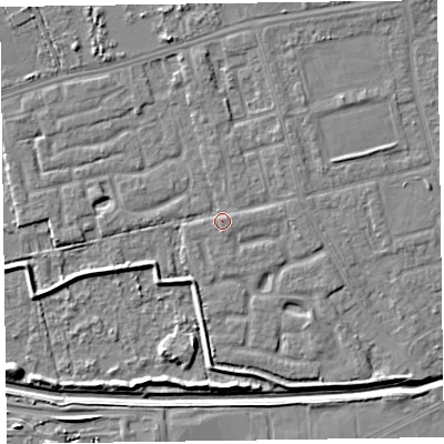 Shaded relief map of the ground around CH463SB, computed from Environment Agency LiDAR. The ground here sits at about 5 m above sea level and falls 5 m across the surrounding 800 m. Surface water reaching this point runs off ground lying to the north, 1.6 m higher.
