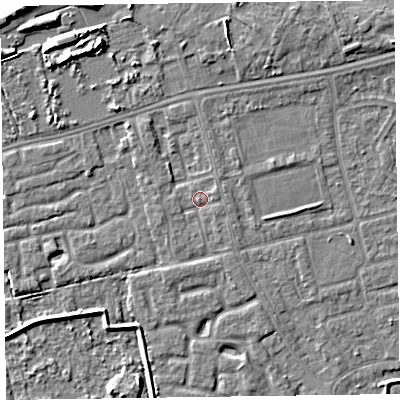 Shaded relief map of the ground around CH463SD, computed from Environment Agency LiDAR. The ground here sits at about 5 m above sea level and falls 7 m across the surrounding 800 m. Surface water reaching this point runs off ground lying to the north-west, 1.5 m higher.