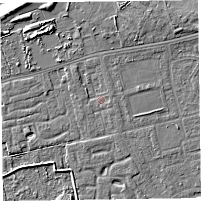 Shaded relief map of the ground around CH463SE, computed from Environment Agency LiDAR. The ground here sits at about 5 m above sea level and falls 7 m across the surrounding 800 m. Surface water reaching this point runs off ground lying to the north-west, 1.5 m higher.