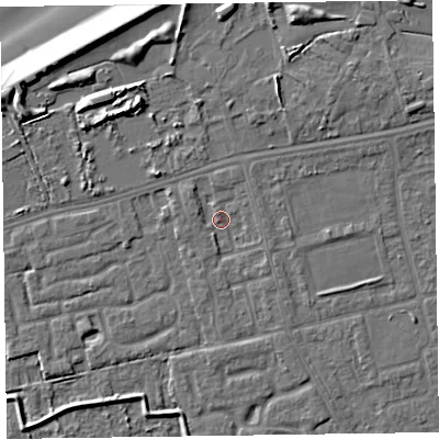 Shaded relief map of the ground around CH463SF, computed from Environment Agency LiDAR. The ground here sits at about 5 m above sea level and falls 9 m across the surrounding 800 m. Surface water reaching this point runs off ground lying to the west-north-west, 1.3 m higher.
