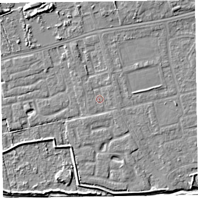Shaded relief map of the ground around CH463SG, computed from Environment Agency LiDAR. The ground here sits at about 5 m above sea level and falls 7 m across the surrounding 800 m. Surface water reaching this point runs off ground lying to the north-north-west, 1.5 m higher.