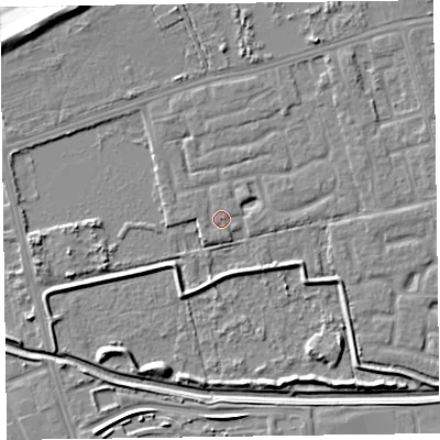Shaded relief map of the ground around CH463SL, computed from Environment Agency LiDAR. The ground here sits at about 5 m above sea level and falls 9 m across the surrounding 800 m. Surface water reaching this point runs off ground lying to the south, 0.7 m higher.
