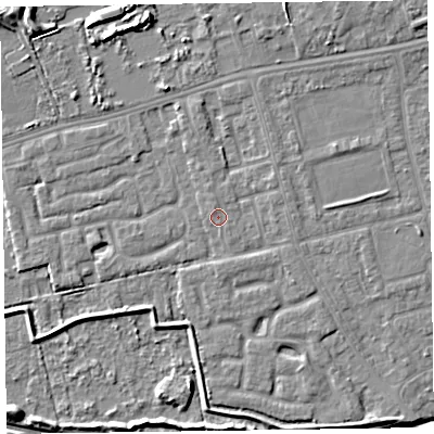 Shaded relief map of the ground around CH463SP, computed from Environment Agency LiDAR. The ground here sits at about 5 m above sea level and falls 8 m across the surrounding 800 m. Surface water reaching this point runs off ground lying to the north-north-west, 0.5 m higher.