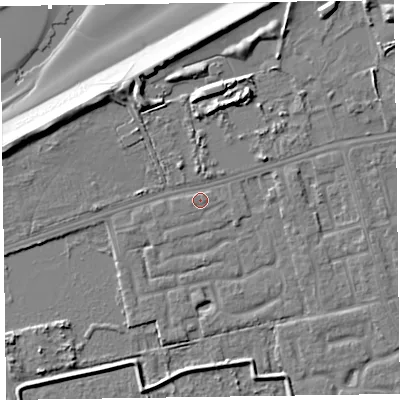 Shaded relief map of the ground around CH463SQ, computed from Environment Agency LiDAR. The ground here sits at about 5 m above sea level and falls 11 m across the surrounding 800 m. Surface water reaching this point runs off ground lying to the east-north-east, 1.3 m higher.