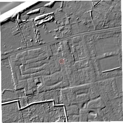 Shaded relief map of the ground around CH463SS, computed from Environment Agency LiDAR. The ground here sits at about 5 m above sea level and falls 9 m across the surrounding 800 m. Surface water reaching this point runs off ground lying to the north-north-east, 1.2 m higher.