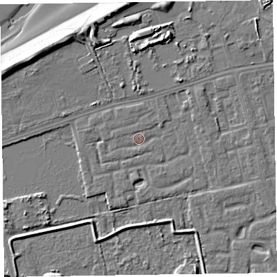 Shaded relief map of the ground around CH463ST, computed from Environment Agency LiDAR. The ground here sits at about 5 m above sea level and falls 11 m across the surrounding 800 m. Surface water reaching this point runs off ground lying to the north, 1.0 m higher.